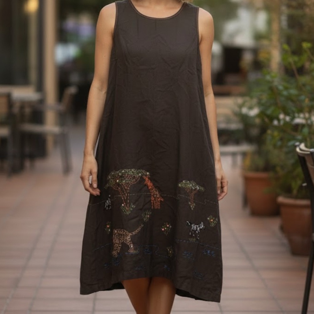 Brown Sleeveless Dress with Embroidered Details